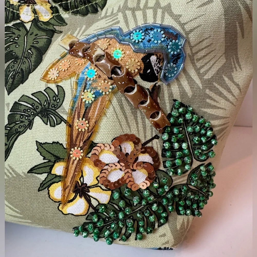 Guy Harvey Canvas Tote Bag Sequin Bead Parrot Bird Lime Blue Tropical Beach Tote